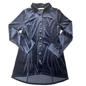 Soft Surroundings Tunic Top XS Blue Velvet Gold Button Long Sleeve Button Up